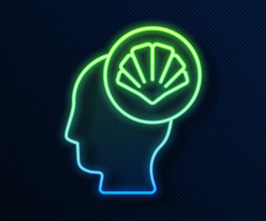 Parlayan neon hattı Scallop deniz kabuğu simgesi mavi arkaplanda izole edildi. Deniz kabuğu işareti. Vektör