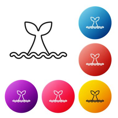 Okyanus dalgası ikonunda siyah çizgi balina kuyruğu beyaz arka planda izole edildi. Renkli daire düğmelerini ayarlayın. Vektör