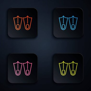 Siyah arkaplanda izole edilmiş yüzme ikonu için renkli neon çizgili plastik yüzgeçler. Dalış ekipmanları. Olağanüstü bir spor. Su altı ekipmanları. Kare düğmelere simgeleri yerleştir. Vektör