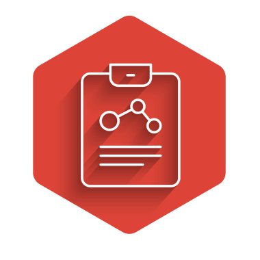 Beyaz çizgi Kimya raporu simgesi uzun gölgeli izole edildi. Kırmızı altıgen düğmesi. Vektör