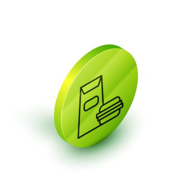 Isometric Line Burger simgesi beyaz arkaplanda izole edildi. Hamburger ikonu. Çizburger sandviç tabelası. Fast food menüsü. Yeşil daire düğmesi. Vektör