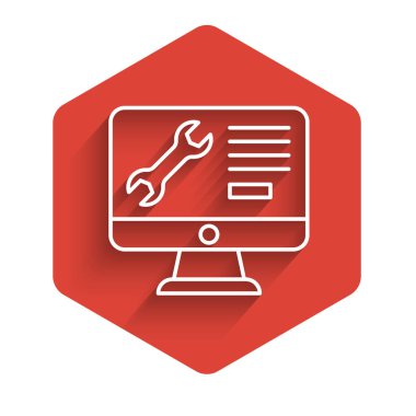 İngiliz anahtarı ikonlu beyaz çizgi bilgisayar monitörü uzun gölgeli izole edilmiş. Ayarlama, servis, ayar, bakım, onarım. Kırmızı altıgen düğmesi. Vektör