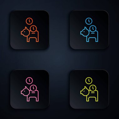 Siyah arka planda izole edilmiş renkli neon çizgili Piggy Bank. Tasarruf ya da para birikimi, yatırım. Kare düğmelere simgeleri yerleştir. Vektör
