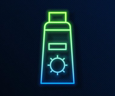 Mavi arka planda izole edilmiş tüp ikonunda parlayan neon kremi. Cilt için güneş ultraviyole ışığından koruma. Vektör