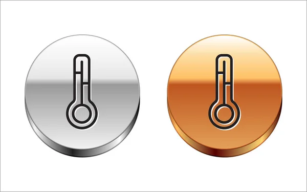 Linha preta Termômetro de meteorologia ícone de medição isolado no fundo branco. Equipamento termômetro mostrando clima quente ou frio. Botão círculo prata-ouro. Vetor — Vetor de Stock