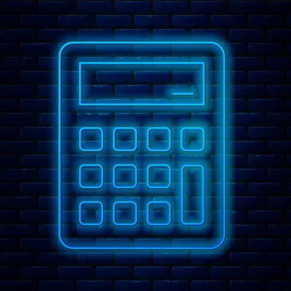 Glödande neon linje Calculator ikon isolerad på tegel vägg bakgrund. Bokföringssymbol. Beräkningar matematik utbildning och finans. Vektor — Stock vektor