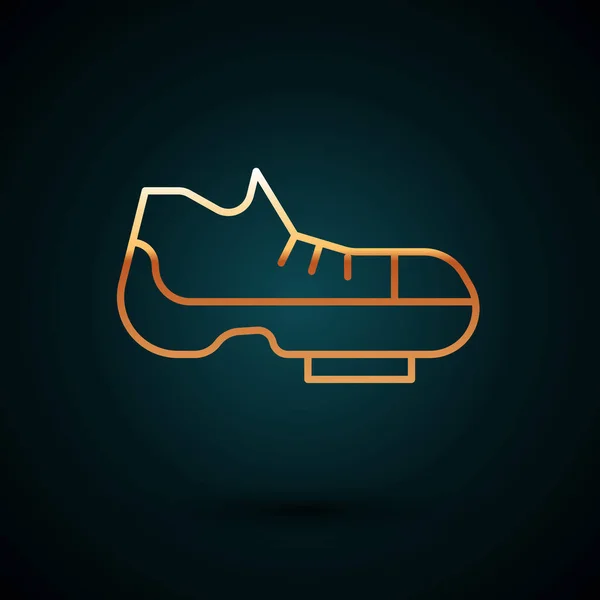 Χρυσή γραμμή Τρίαθλο ποδήλατο παπούτσια εικονίδιο απομονώνονται σε σκούρο μπλε φόντο. Αθλητικά παπούτσια, παπούτσια ποδηλάτου. Διάνυσμα — Διανυσματικό Αρχείο
