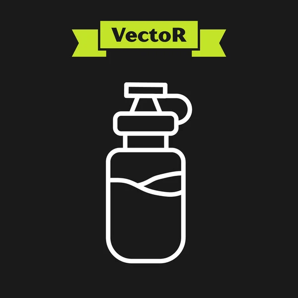 Weiße Linie Sportflasche mit Wassersymbol isoliert auf schwarzem Hintergrund. Vektor — Stockvektor