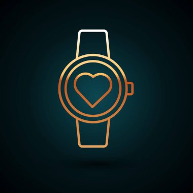Altın çizgili akıllı saat koyu mavi arka planda kalp atışı simgesini gösteriyor. Fitness uygulaması konsepti. Vektör