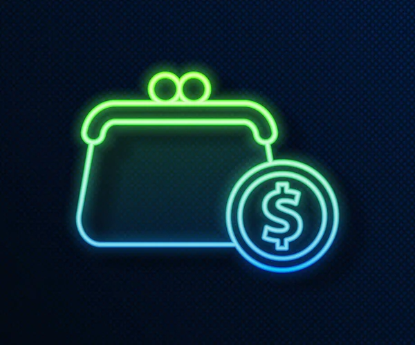 Gloeiende neon lijn Portemonnee met munten pictogram geïsoleerd op blauwe achtergrond. Een portemonnee icoon. Cash spaarsymbool. Vector — Stockvector