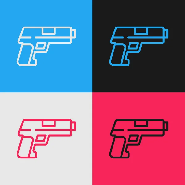 Поп-арт линии Пистолет или пистолет значок изолирован на цветном фоне. Полиция или военный пистолет. Небольшое оружие. Вектор — стоковый вектор