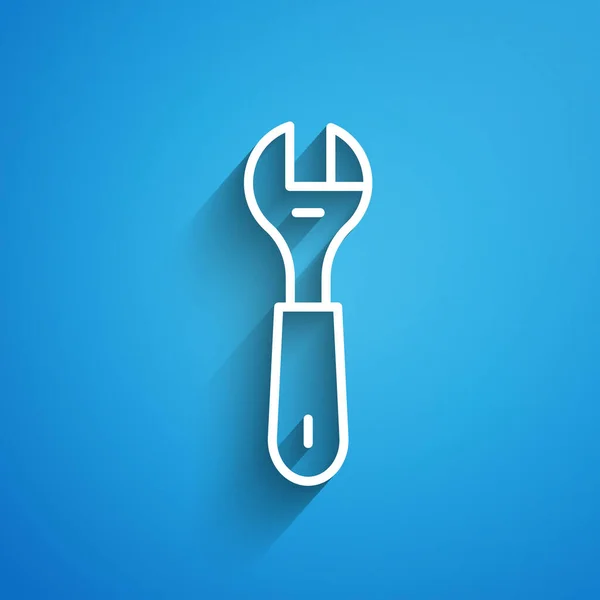 Fehér vonal Wrench csavarkulcs ikon elszigetelt kék alapon. Hosszú árnyék. Vektor — Stock Vector