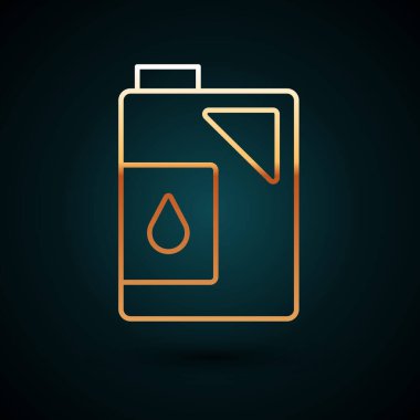 Motor makine yağı ikonu için altın renkli teneke kutu koyu mavi arka planda izole edildi. Benzin bidonu. Yağ değiştirme ve onarım servisi. Motor yağı işareti. Vektör