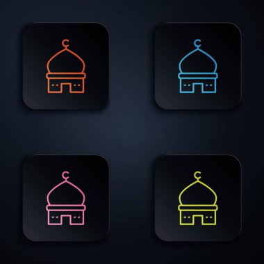Neon renkli Müslüman cami simgesi siyah arkaplanda izole edilmiş. Kare düğmelere simgeleri yerleştir. Vektör
