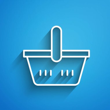 Mavi arka planda beyaz çizgi alışveriş sepeti simgesi izole edildi. İnternetten satın alma konsepti. Servis tabelası. Alışveriş arabası sembolü. Uzun gölge. Vektör
