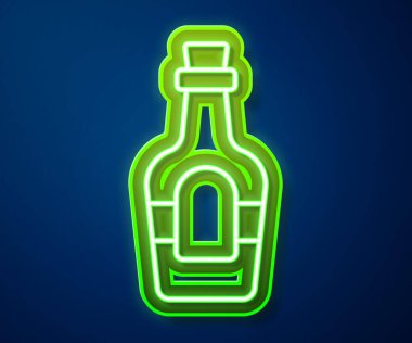 Parlayan neon hattı Alkol içeceği mavi arka planda izole edilmiş rom şişesi ikonu. Vektör