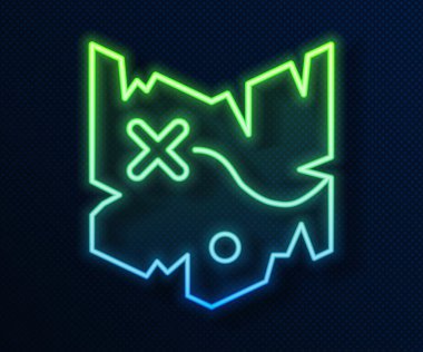 Parlayan neon hattı Korsan hazine haritası simgesi mavi arkaplanda izole edildi. Vektör