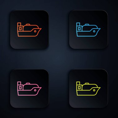 Renkli neon hattı petrol tankeri simgesi siyah arkaplanda izole edildi. Kare düğmelere simgeleri yerleştir. Vektör