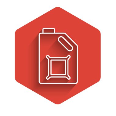 Motor makine yağı ikonu için beyaz çizgi kutusu uzun gölge arkaplanı ile izole edilmiş. Benzin bidonu. Yağ değiştirme ve onarım servisi. Motor yağı işareti. Kırmızı altıgen düğmesi. Vektör