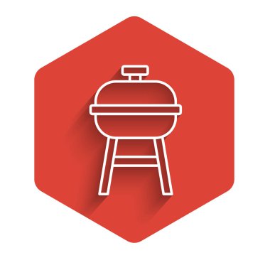 Beyaz çizgi ızgara ızgara ikonu uzun gölge arkaplan izole. Barbekü ızgara partisi. Kırmızı altıgen düğmesi. Vektör