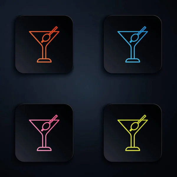 Color neón línea Martini icono de vidrio aislado sobre fondo negro. Icono de cóctel. Icono de copa de vino. Establecer iconos en botones cuadrados. Vector — Archivo Imágenes Vectoriales
