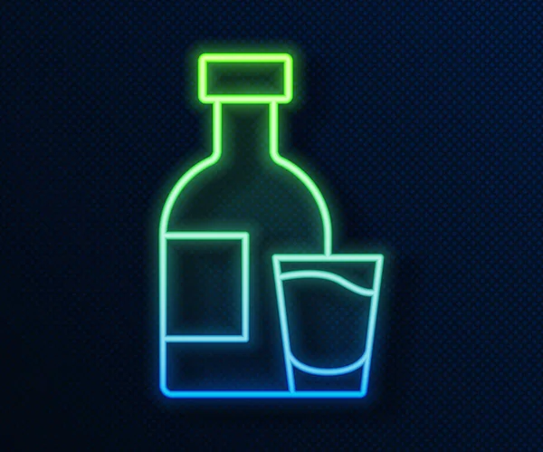 Glowing neon line Bottle of vodka with glass icon isolated on blue background. Vector — Stock Vector