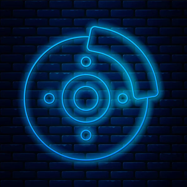 Glowing neon line Car brake disk with caliper icon isolated on brick wall background. Vector — Stock Vector