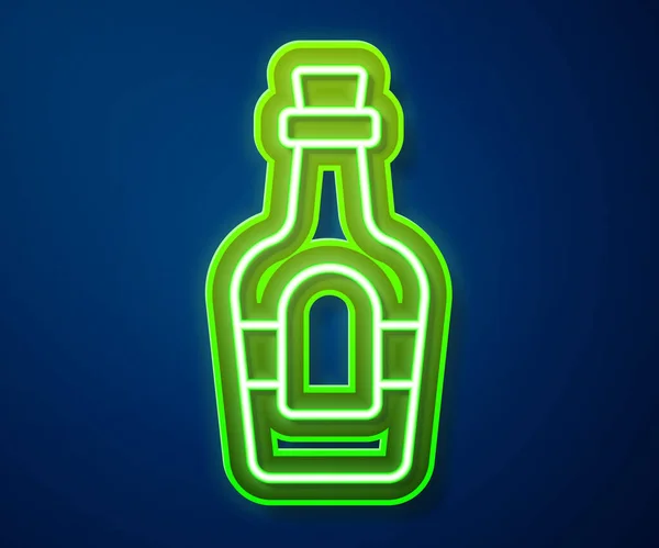 Linha de néon brilhante Bebida de álcool Ícone de garrafa de rum isolado no fundo azul. Vetor — Vetor de Stock