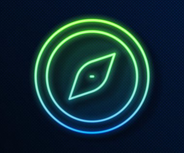 Parlayan neon hattı pusula simgesi mavi arkaplanda izole edildi. Rüzgâr yön bulma sembolü. Rüzgar gül işareti. Vektör