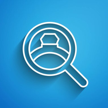 Beyaz çizgi Diamond nişan yüzüğü ikonu mavi arka planda izole edildi. Uzun gölge. Vektör