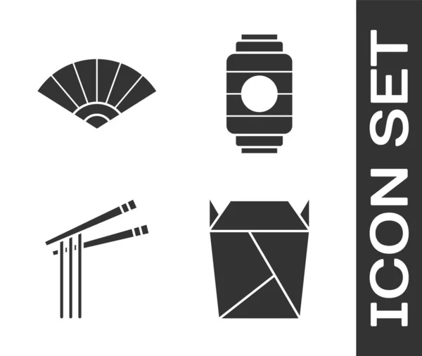 Set Rstaurant opened take out box filled, Paper chinese or japanese folding fan, Asian noodles and chopsticks and Japanese paper lantern icon. Vector — 스톡 벡터