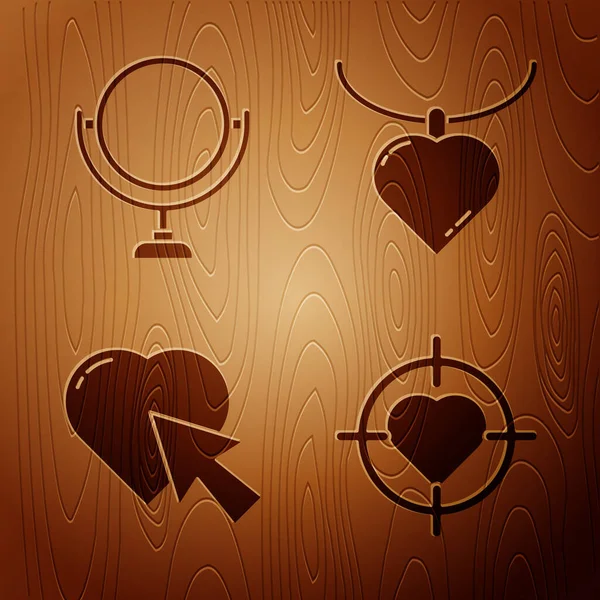Set Herz in der Mitte des Ziels, Round Make-up Spiegel, Herz und Cursor klicken und Halskette mit herzförmigen Anhänger auf Holzgrund. Vektor — Stockvektor