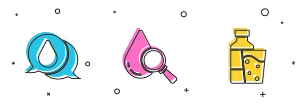 Set Water drop, Drop and magnifying glass and Bottle of water with icon. Vector — Vetor de Stock