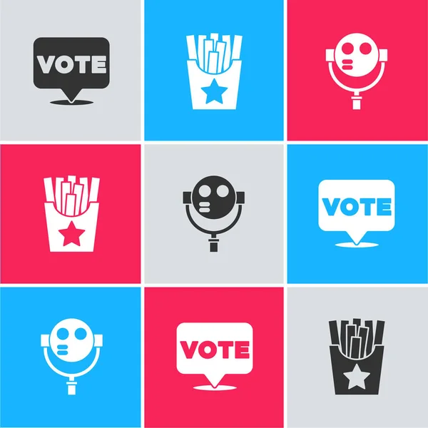 Set Vote, Potatoes french fries in box and Tourist binoculars icon. Vector — Wektor stockowy