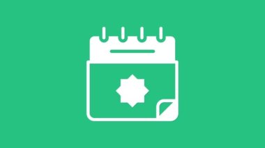 Beyaz Ramazan takvim simgesi yeşil arkaplanda izole edildi. Ramazan Kareem ve İslami semboller. 4K Video hareketli grafik canlandırması