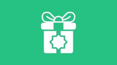 Yeşil arkaplanda beyaz hediye kutusu simgesi izole edildi. Kutsal ay, Ramazan, Noel hediyesi paketler, doğum günü, sevgililer günü. 4K Video hareketli grafik canlandırması