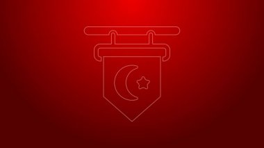 Yeşil çizgi yıldızı ve hilal - kırmızı arkaplanda izole edilmiş İslam ikonunun sembolü. Din sembolü. 4K Video hareketli grafik canlandırması