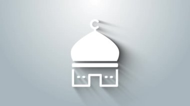 Beyaz Müslüman Cami simgesi gri arkaplanda izole edilmiş. 4K Video hareketli grafik canlandırması