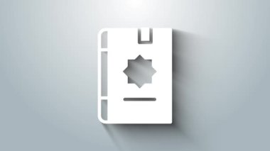 Beyaz kutsal Kuran ikonu gri arka planda izole edilmiş. Müslüman bayramı, Kurban Bayramı, Kurban Bayramı, Ramazan Kareem. 4K Video hareketli grafik canlandırması