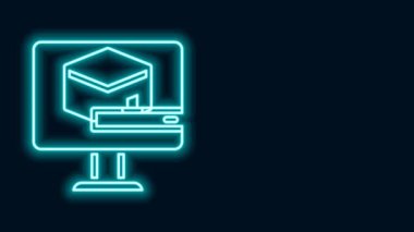 Parlayan neon hattı Kabe camii simgesi siyah arkaplanda izole edildi. Kabe 'deki hac ibadeti Ramazan-ı İslam camii. 4K Video hareketli grafik canlandırması