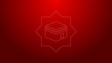 Yeşil çizgi Kabe cami simgesi kırmızı arkaplanda izole edildi. Kabe 'deki hac ibadeti Ramazan-ı İslam camii. 4K Video hareketli grafik canlandırması