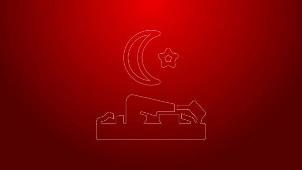 Green line Muslim man prays on the carpet icon isolated on red background. 4K Video motion graphic animation — Vídeo de Stock