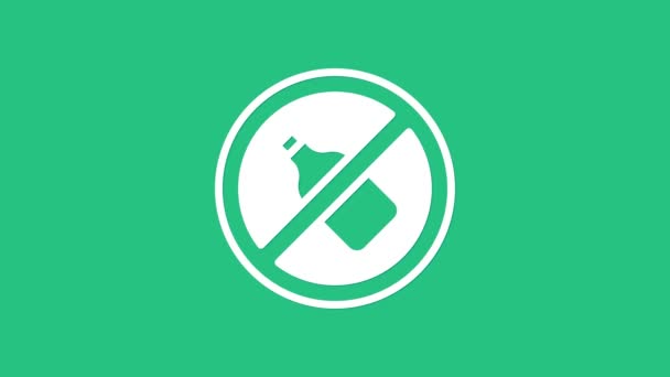 White No alcohol icon isolated on green background. Prohibiting alcohol beverages. Forbidden symbol with beer bottle glass. 4K Video motion graphic animation — Stock Video