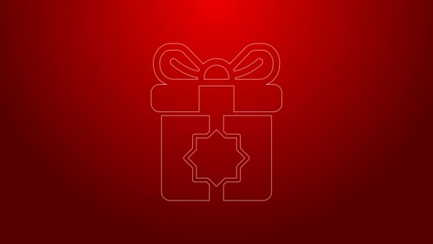 Green line Gift box icon isolated on red background. Holy month, Ramadan, Christmas present wrapped packages, birthday, valentine. 4K Video motion graphic animation — Stock Video