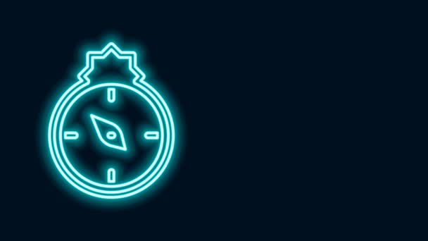 Glowing neon line Qibla icon isolated on black background. Qibla Islamic Arab term used for the direction for offering a prayer, which is Kaaba in Mecca. 4K Video motion graphic animation — Vídeo de Stock