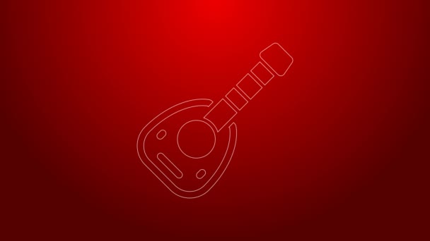Grüne Linie Musikinstrument Laute Symbol isoliert auf rotem Hintergrund. Arabische, orientalische, griechische Musikinstrumente. 4K Video Motion Grafik Animation — Stockvideo