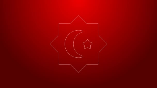 Green line Islamic octagonal star ornament icon isolated on red background. 4K Video motion graphic animation — Vídeo de Stock