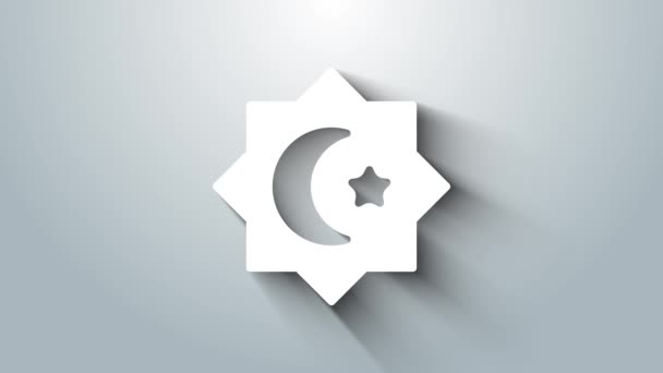 Fehér iszlám nyolcszögletű csillag dísz ikon elszigetelt szürke háttér. 4K Videó mozgás grafikus animáció — Stock videók