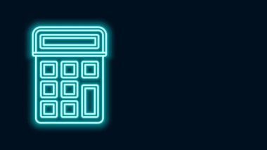 Parlayan neon hattı hesap makinesi simgesi siyah arkaplanda izole edildi. Muhasebe sembolü. İş hesaplamaları matematik eğitimi ve finans. 4K Video hareketli grafik canlandırması