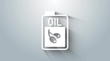 Beyaz zeytinyağı şişesi gri arka planda izole edilmiş. Zeytinyağı ikonlu sürahi. 4K Video hareketli grafik canlandırması